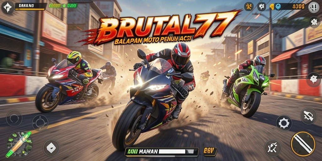 Screenshot gameplay BRUTAL77 menampilkan balapan motor yang seru dan grafis menakjubkan.
