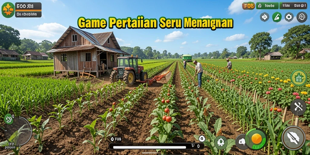 Screenshot utama FO8 menampilkan aktivitas seru dalam bertani.