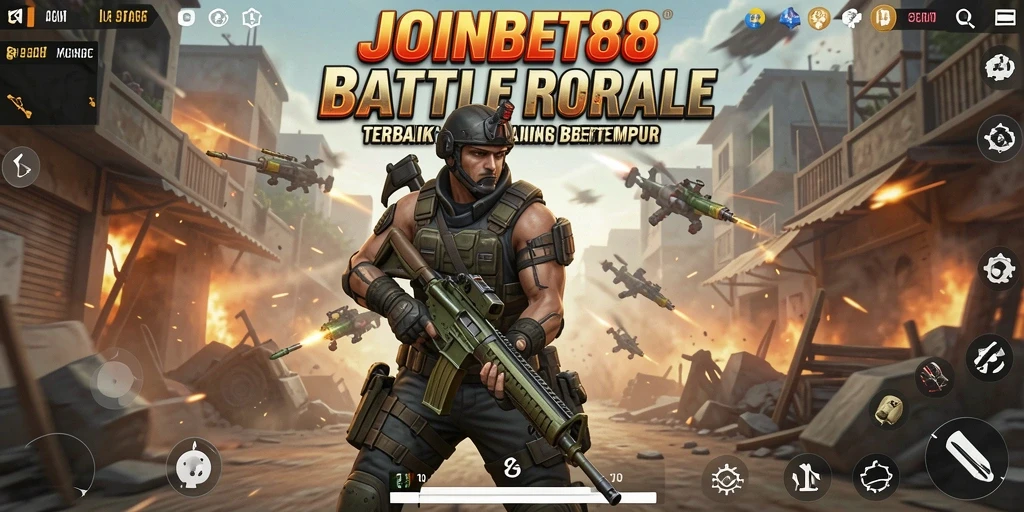 Screenshot utama JOINBET88 menampilkan aksi seru di medan tempur Battle Royale.