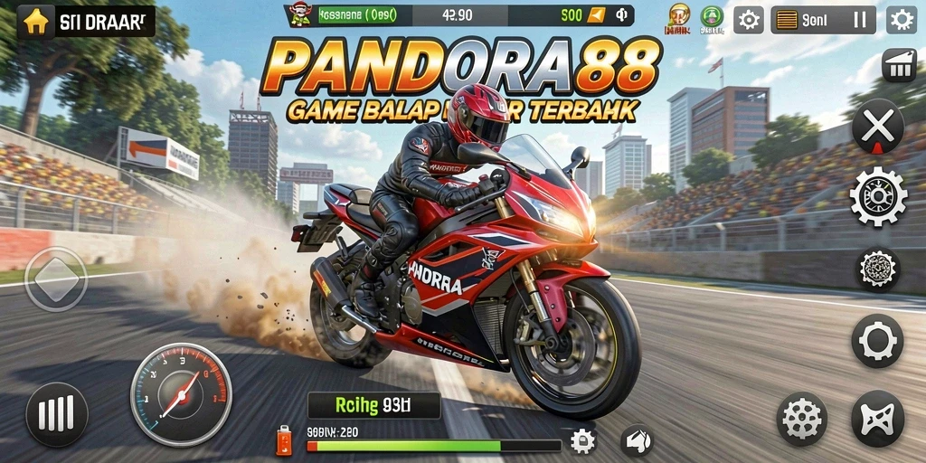 Tampilan gameplay seru PANDORA88 dengan balap motor cepat.