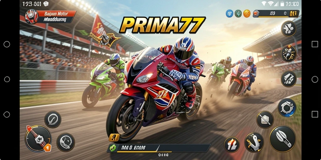 Screenshot gameplay balapan motor yang mendebarkan di PRIMA77.