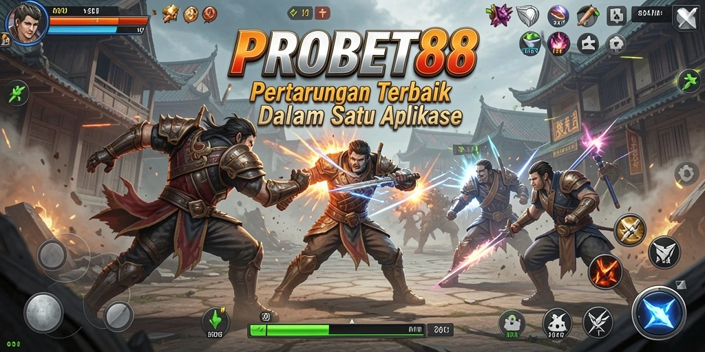 Tampilan arena pertarungan yang epik dan karakter dinamis.