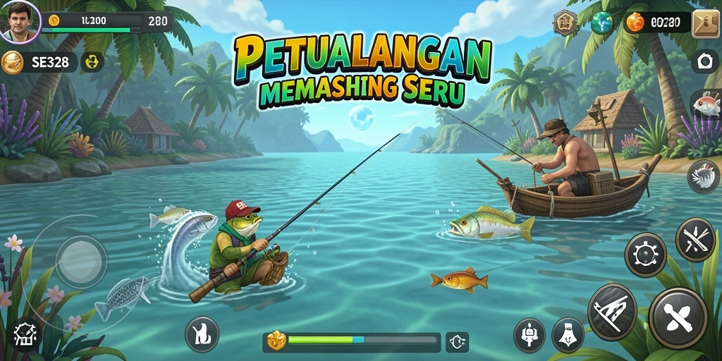 Tampilan gameplay SE328 yang menampilkan aksi memancing penuh warna.